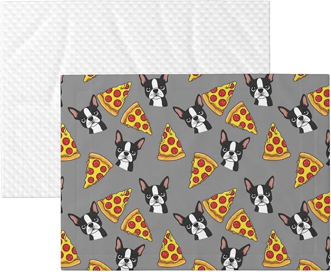 Two Sided Plush Pet Blanket for Crates Carriers Home Use, Grey Boston Terrier Dog Pizza, Reversible Throw with Cozy Dot Fabric and Silky Reverse for Small Large Pets