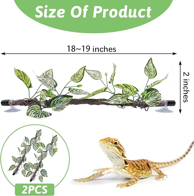 VCEPJH Reptile Climbing Branch Decor 2 Pcs Bendable Jungle Vine with Suction Cup Terrarium Plant Decoration for Gecko Bearded Dragons, Snake,Frogs, Chameleons Cage Accessories (T)