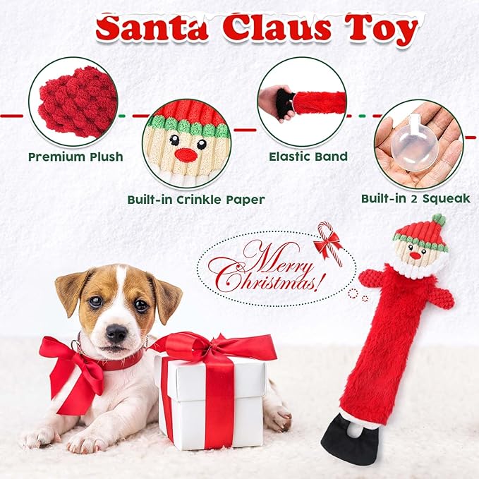 Christmas Dog Toys 8 Pack - Santa Squeaky Plush Chew for Puppy, Durable Interactive Rope for Teething, Treating Ball and Bone Rubber for Small Dogs
