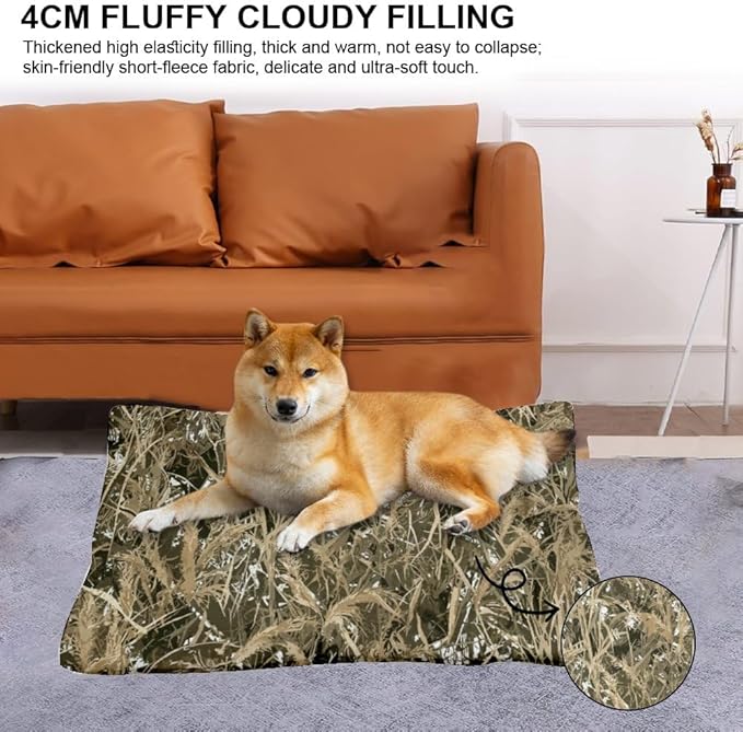 Dry Grass Camouflage Dog Bed for Cage Pet Mat Bed Dog Crate Pads Beds for Crates Washable Non-Slip Crate Washable Machine Mattress Pillows Large Dogs Indoor Outdoor 36X24 Inch