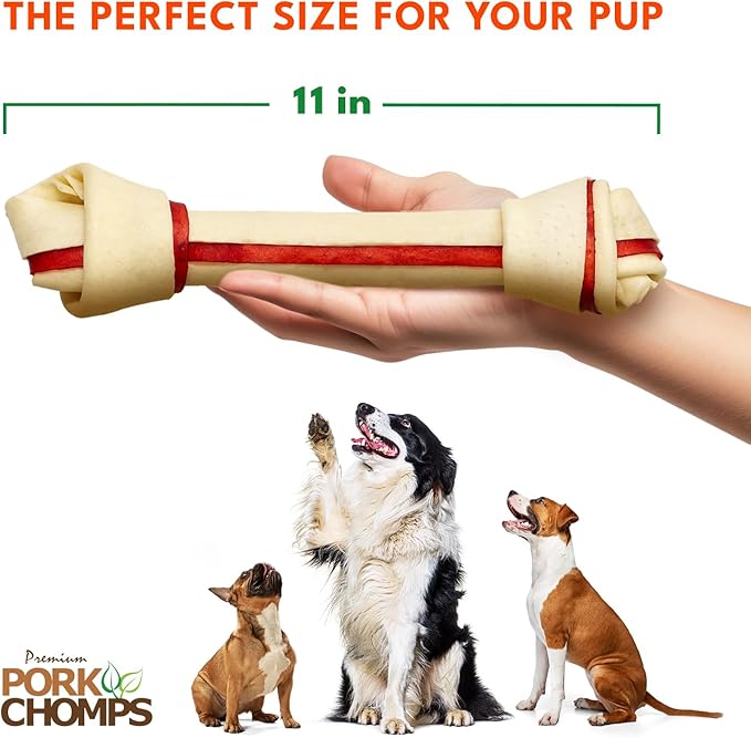 Pork Chomps Baked Pork Skin Dog Chews, 11 Inch Knots, 4 Count, 1 Pack, Bacon Flavor - Long-Lasting Treats for Dogs - High Protein, Rawhide-Free, Low Fat, Healthy & Delicious Chews