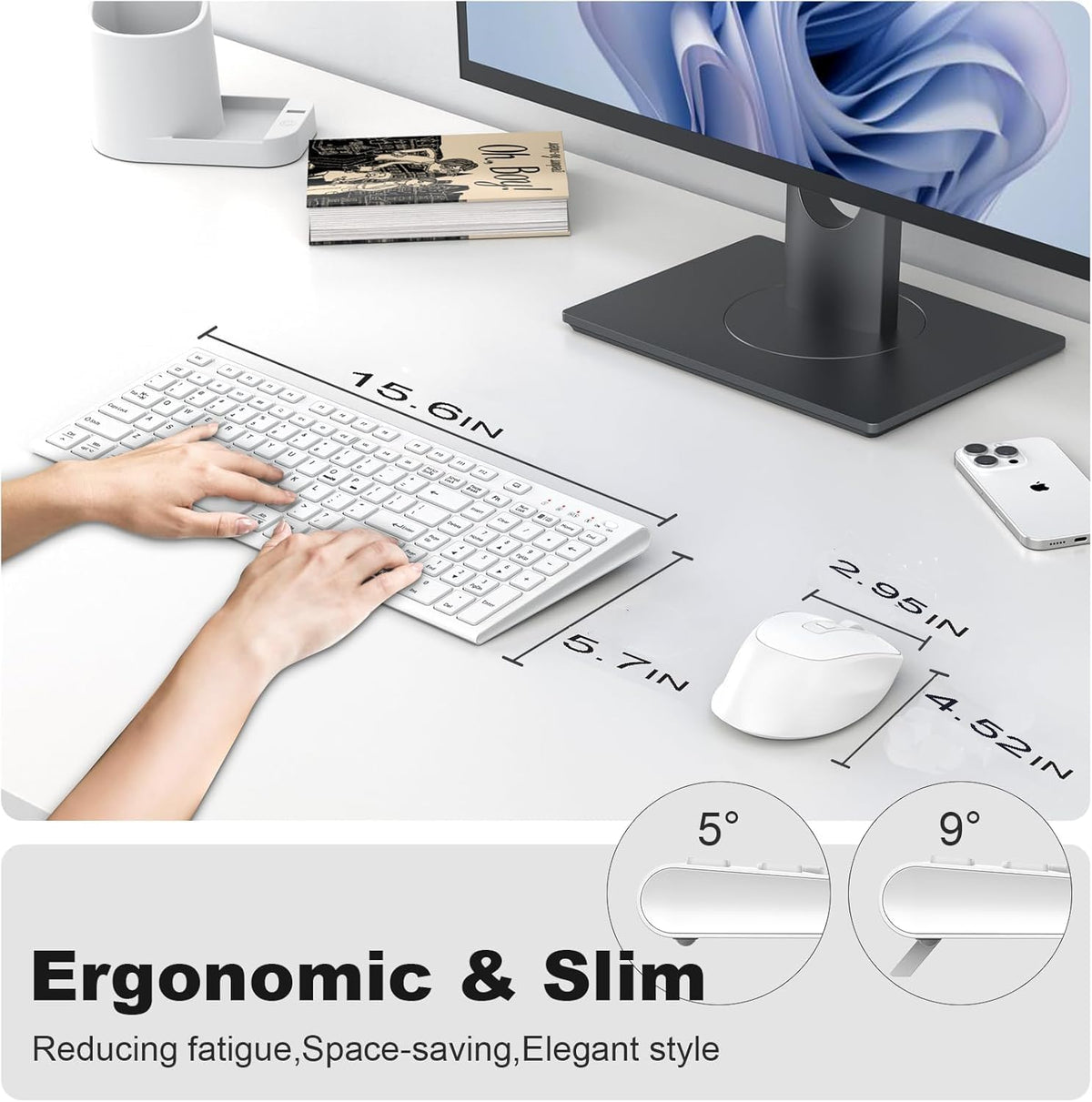 FENIFOX Rechargeable Wireless Keyboard and Mouse, with Number Pad White