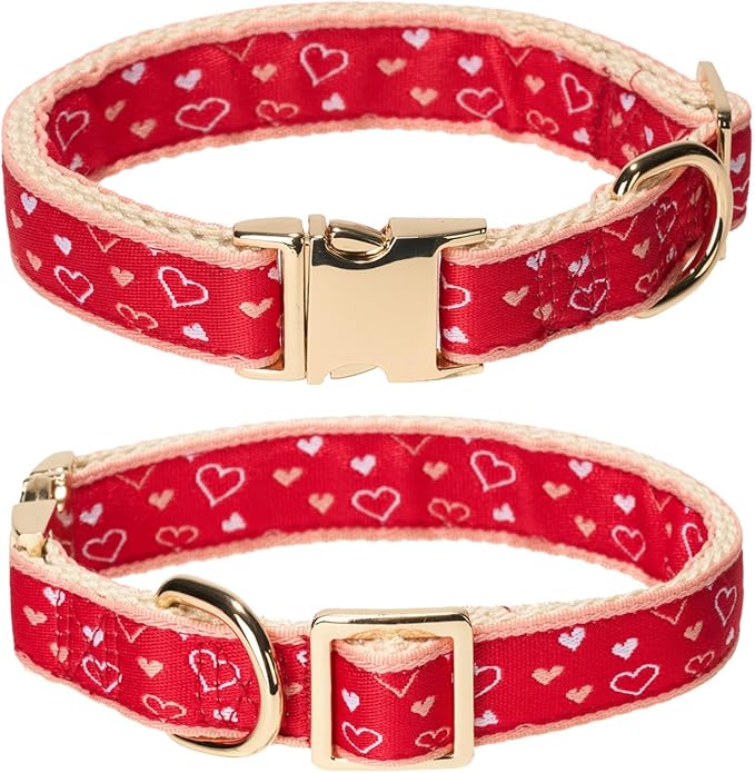 Woven Dog Collar with Metal Buckle Adjustable Jacquard Retro Dog Collars for Small Medium Large Dogs(Red Heart,S)
