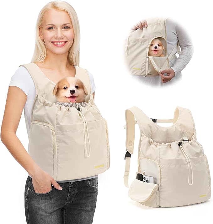 Dog Front Carrier Backpack, Adjustable Pet Dog Carrier Backpack Ventilated Mesh Dog Travel Backpack with Zippered Side Windows for Hiking Traveling for Small Medium Cats Dogs (Max 13 lbs)