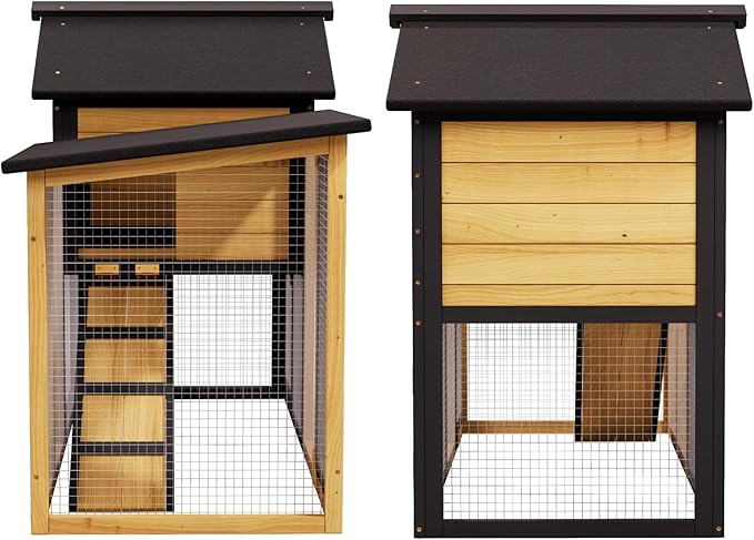 Chicken Coop, Chicken Run,Small Wooden Duck Coop Outdoor 2-Tier Hen House All Weather Used Poultry Quail Cage Rabbit Pet Hutch House with Ramp for Small Animals (Yellow Black)