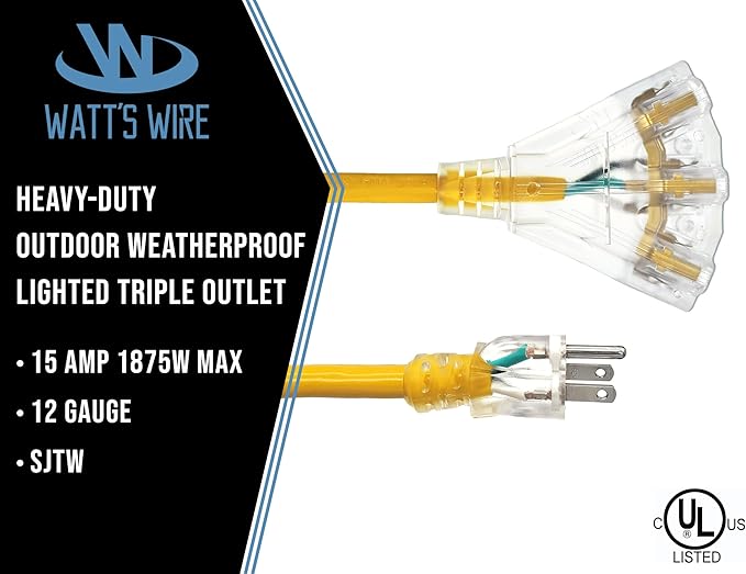 100 ft Outdoor Extension Cord Waterproof - 12 Gauge Heavy Duty Extension Cord 100 ft - Lighted Outdoor Extension Cords with Multiple Outlets - Watts Wire - 100' Grounded - extensiones electricas