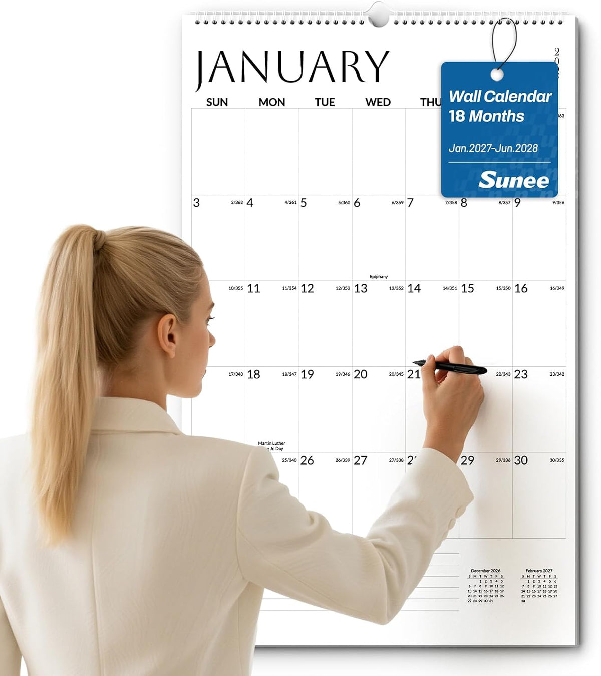 SUNEE 2027 Wall Calendar Extra Large 17"x27", 18 Month Calendar (Ends June 2028),Vertical Monthly for Wall, White Minimalism