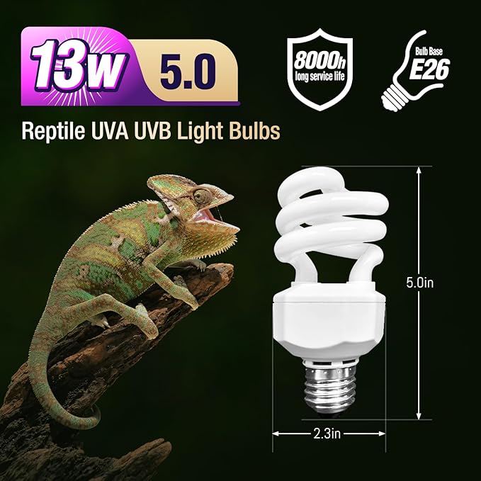 Leoterra Reptile UVB Light Bulb UVA UVB Reptile Lamp - 13W 5.0 Energy Efficient UVB Lamp for Geckos,Green Iguanas,Frog - E26 Base Dual Lighting Fixture with 8000H Long Lifespan