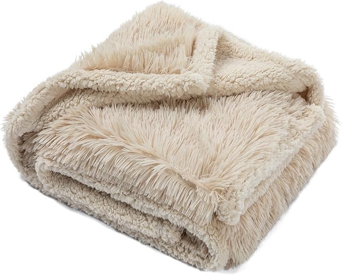 Waterproof Cream Calming Dog Blanket Beige Fluffy Long Faux Fur Pet Throw Blankets for Cats Puppy Couch Sofa Covers Washable Love Bed Cover(Beige,M-57x40in)
