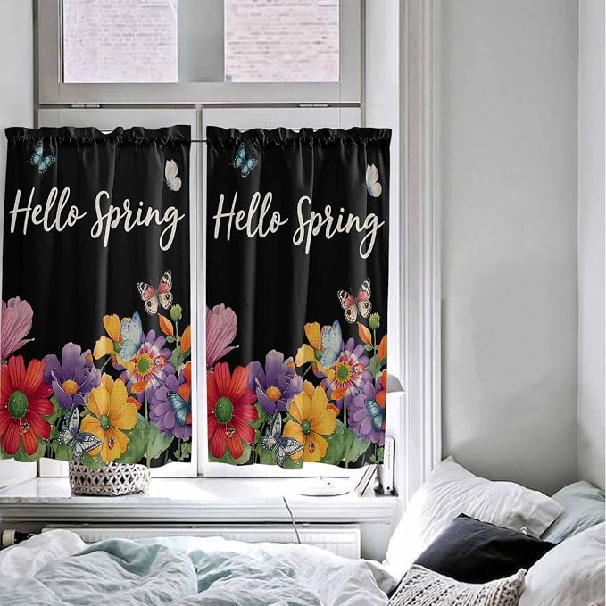 Spring Flowers Tier Curtains 45 Inches Long, Watercolor Country Colorful Floral