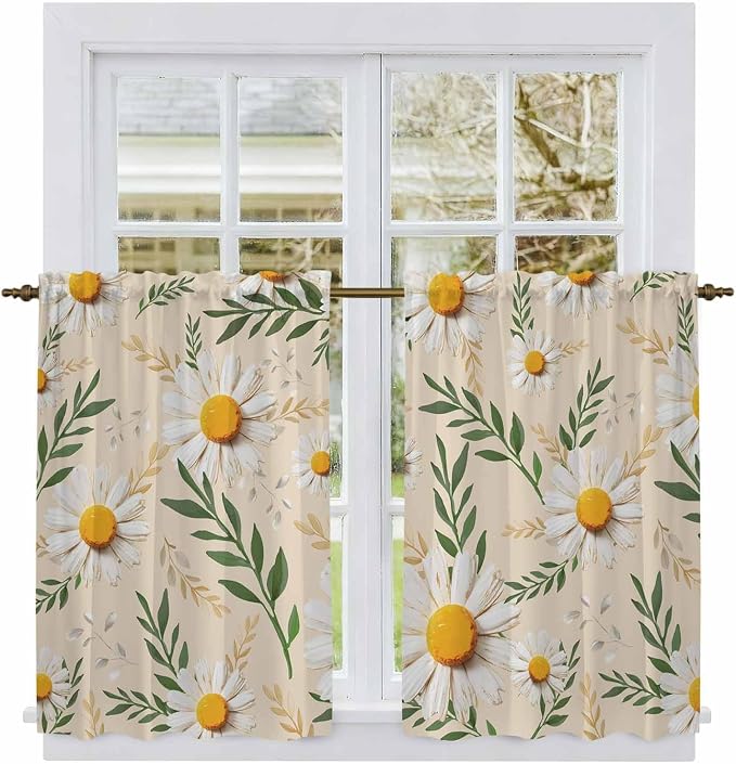 Spring Daisy Kitchen Curtains, Country Watercolor Flower Leaf Plant Light
