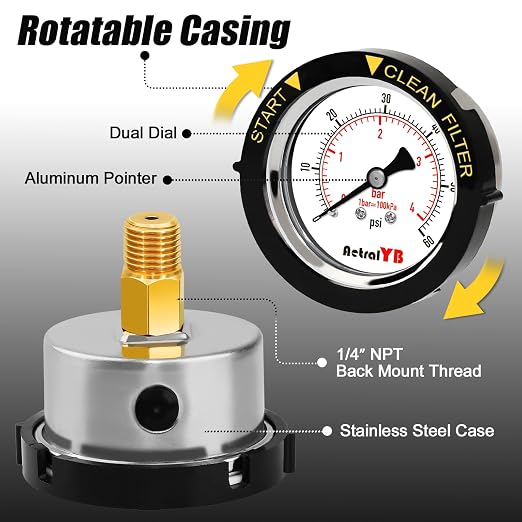 60PSI Pool Filter Pressure Gauge, 2 inches Dial, 1/4" NPT Back Mount,