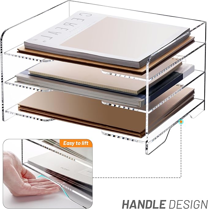 SANRUI Paper Letter Tray Organizer 3 Tier Acrylic Desk File Organizer with Bottom Handle, Paper Sorter Organizer for Letter/A4 Office Organization,Clear