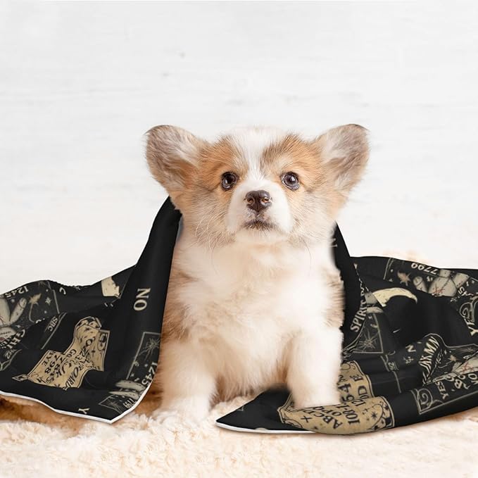 Double Sided Plush Pet Blanket for Small Large Animals, Spirit Board with A Voodoo Doll Occultism Set, Reversible Throw with Dimpled Dot Side and Flat Side for Kennels Living Rooms