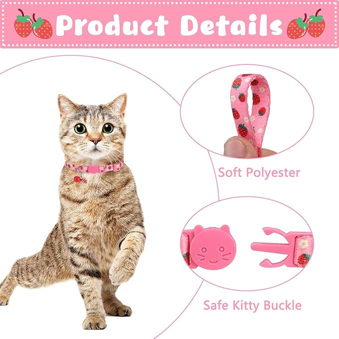 Breakaway Cat Collars with Bell & Cute Pendants, 3 Pack Safety Buckle Kitten Collars, Adjustable Pet Collar Ideal for Girl Boy Cats Puppy (Fruit Pattern)