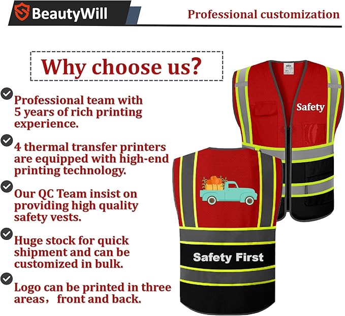 Custom Mesh Safety Vest Customized Logo Class2 High Visibility Reflective Vest with Pockets Construction workwear（Red Black，4XL ）