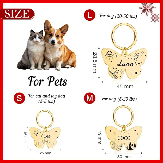 Custom Butterfly Dog Tag - Engraved Personalized Pet ID Tag for Dogs & Cats, Customizable Name, Text, 6 Colors & 3 Sizes, Durable & Cute Pet Collar Charm for Dog Lovers, Pet Mom Dad