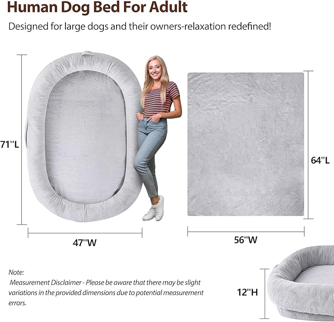 L&W BROS. Human Dog Bed for Adults - XL Orthopedic Dog Bed with Memory Foam and Faux Fur Cover - 71" X47"W X12 H - Ultimate Comfort for You and Your Furry Friend (Light Gray)