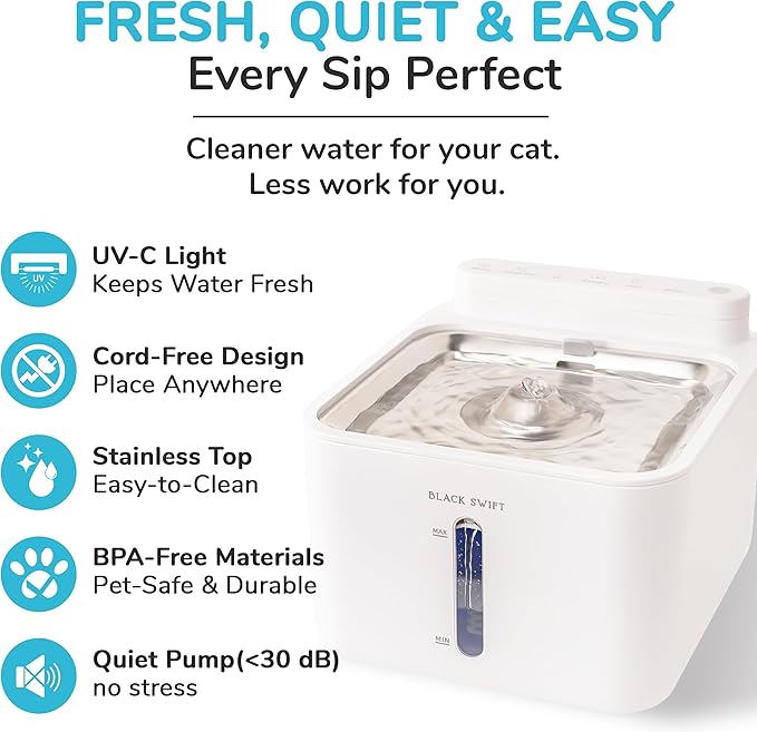 BLACK SWIFT UV Cat Water Fountain Stainless Steel – 108oz / 3.2L, BPA-Free, Battery Operated Pet Fountain with Motion Sensor, Quiet Pump & 4-Stage Filter – 10 Filters Included