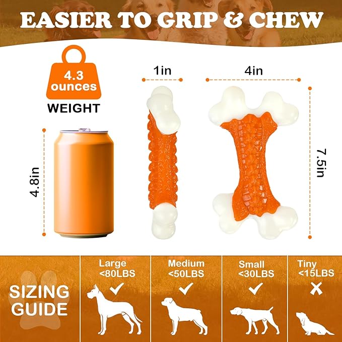 6-Pack Indestructible Dog Toys for Aggressive Chewers: Peanut Butter Flavored Hard Nylon Bone Chew Toys, Tough Dog Chew Toys, Dog Toys to Keep Them Busy for Medium Large Dogs, Orange