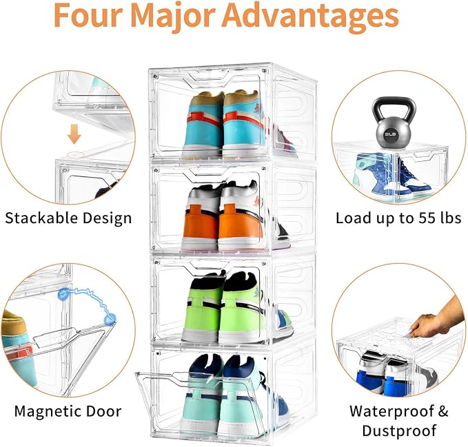 10 Pack Large Shoe Boxes Clear Plastic Stackable, Shoe Storage Organizer