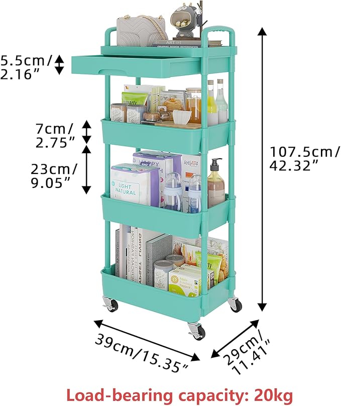 Calmootey 4-Tier Rolling Utility Cart with Drawer,Multifunctional Storage Organizer with Plastic Shelf & Metal Wheel,Storage Cart for Kitchen,Bathroom,Living Room,Office,Green