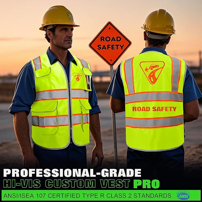 BeautyWill 5Pack Custom Logo Safety Vest 8 Pockets Class2 ANSI Certified High Visibility Reflective Vest for Men - Personalized Logo Heavy-Duty Work Vest（Yellow，L）