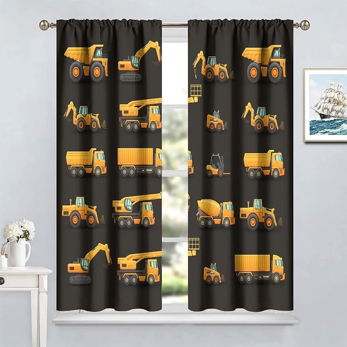 Kids Construction Window Curtains, Construction Machinery Equipment Mode of