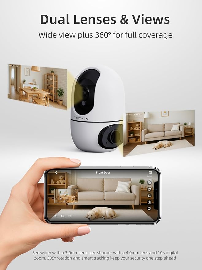 VIRTAVO Indoor Pet & Baby Camera, No Subscription Required, Dual-Lens 360° PTZ, Motion Tracking, 2-Way Audio, Night Vision, Cloud/SD Storage, Phone App, WiFi, 4-Pack, Power Adapter Included