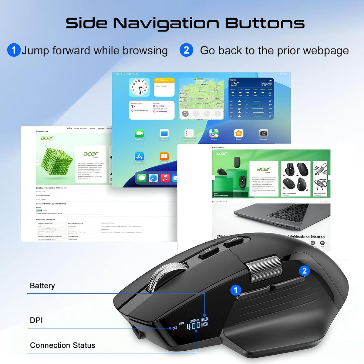 AVOVR Tri-Mode Wireless Bluetooth Ergonomic Gaming Mouse, Black