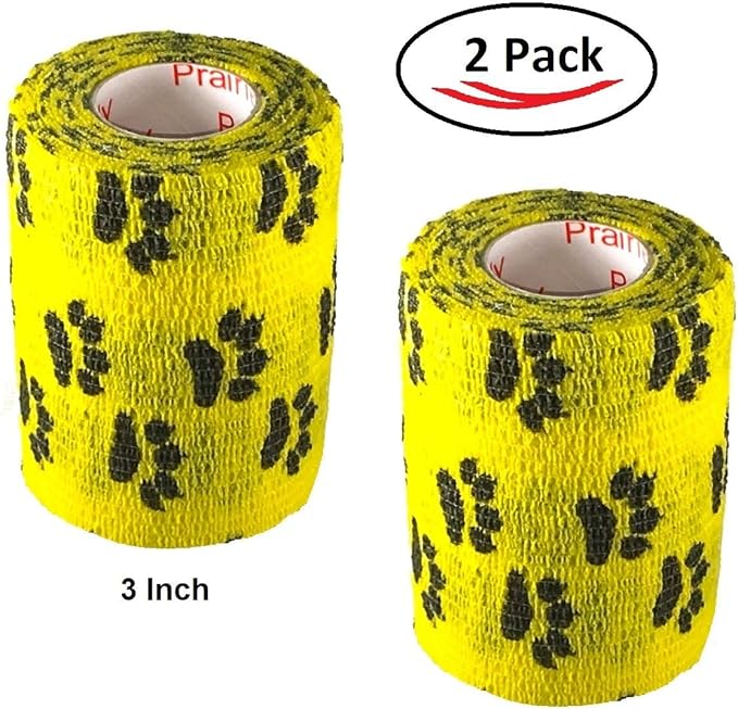 Vet Wrap Wrap Tape (Yellow with Paw Prints) (2 Pack) (3 Inch x 15 feet) Self Adhesive Adherent Adhering Cohesive Flex Self Stick Bandage Grip Roll Dog Cat Pet Horse