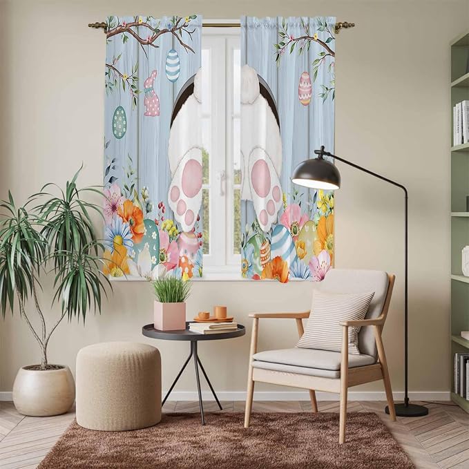 Easter Window Curtains 63 Inch Long 2 Panel Set, Rod Pocket Bedroom Curtains &