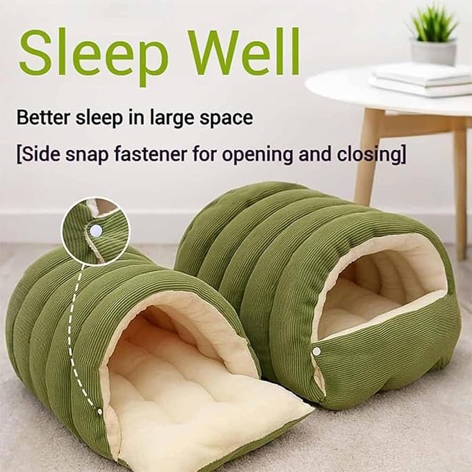 Expectation Cat Bed, Removable and Washable Winter Closed-Off Cat Bed, Soft Fluffy Warm Autumn/Winter Cats House, Washable Non-Slip Pet Sleeping Bag for Indoor Cats Small Dogs (Green,Medium)