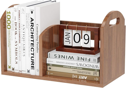 100% Solid Wood Adjustable Desktop Bookshelf, Retro Tabletop Book Shelf File Holder, Vertical Bookshelf Divider Desk Shelf for Home School Office Organization, Perfect for Books Magazine (Brown)