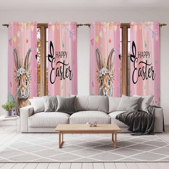 Easter Kitchen Curtains, Spring Rabbit Eggs Flowers Flags Leaves Wood Grain