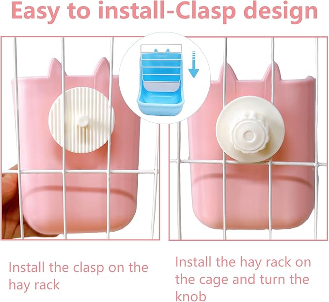 Hamiledyi 2PCS Rabbit Hay Feeders Rack 2 in 1 Feeder Bowls Double Bunny Feed Holder Grass Food Supplies for Chinchillas Guinea Pig Hamsters (Pink+Blue)
