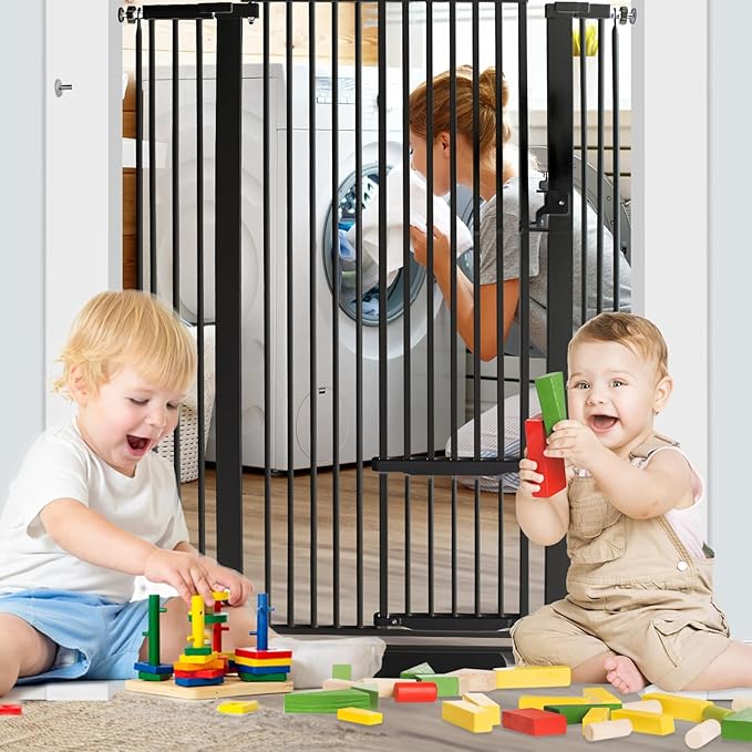 55 Inch Extra Tall Pet Gate with Small Cat Door, 29.55"-40.55" Adjustable Wide Dog Gate, Tall Cats Gates for Doorway, Stairs, House(Black)