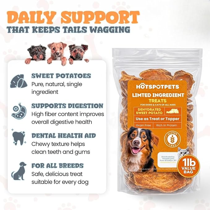 hotspot pets Dehydrated Sweet Potato Dog Treats - 1lb All-Natural, High Protein, Low Fat - Slow Roasted Oven Baked A Healthy Rawhide Alternative Dog Chews - Training & Treats