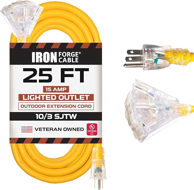 Iron Forge Cable 10 Gauge 25ft Lighted Outdoor Heavy Duty Extension Cord with 3 Outlets - 15 Amp 10/3 SJTW Yellow Extension Cord with Multiple Outlets