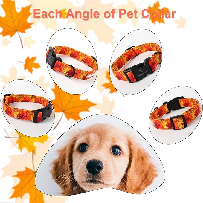 Fall Dog Collar, Gold Maple Leaves Pattern Fall Thansgiving Puppy Collar, Soft Adjustable Cotton Holiday Dog Collars for Small Medium Large Boy&Girl Dogs XL