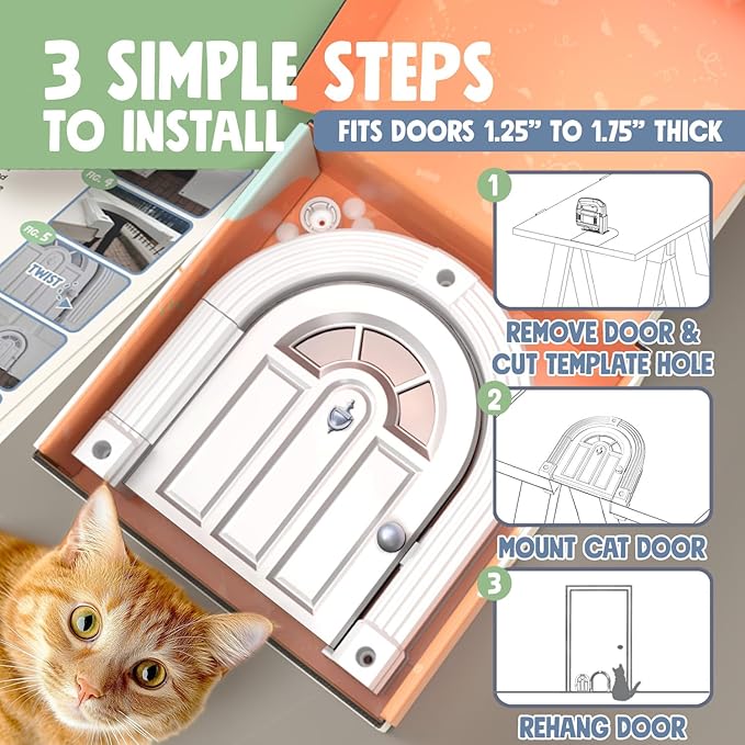 Purrfect Portal Meow Manor® Cat Door Interior Door - No-Flap, Fits Cats Up to 20 lbs, Easy DIY Setup, No Training Needed