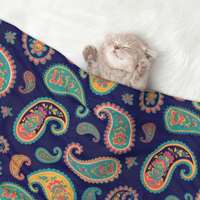 Two Sided Plush Pet Blanket for Crates Carriers Home Use, Colorful Paisley Flowers, Reversible Throw with Cozy Dot Fabric and Silky Reverse for Small Large Pets