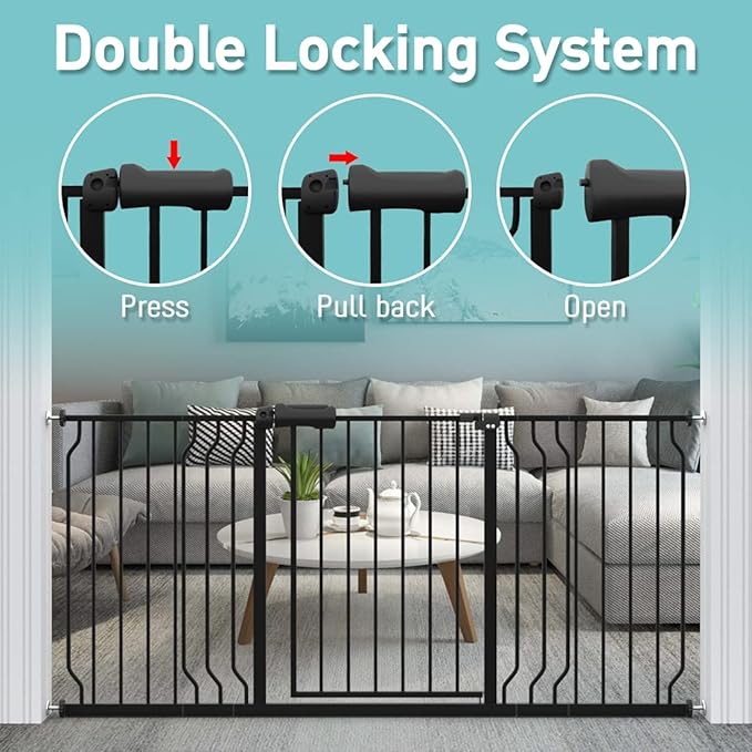 WAOWAO Baby Gate 71.65-76.38" Extra Wide Pressure Mounted Walk Through Swing Auto Close Safety Black Metal Toddler Kids Child Dog Pet Puppy for Stairs,Doorways,Kitchen