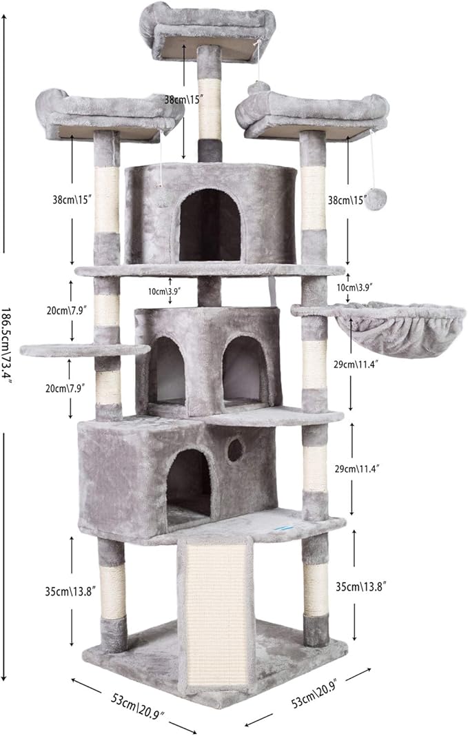 Hey-brother XL Size Cat Tree, 73.4 inch Cat Tower with 3 Caves, 3 Cozy Perches, Scratching Posts, Board, Activity Center Stable for Kitten/Gig Cat, Light Gray MPJ032W