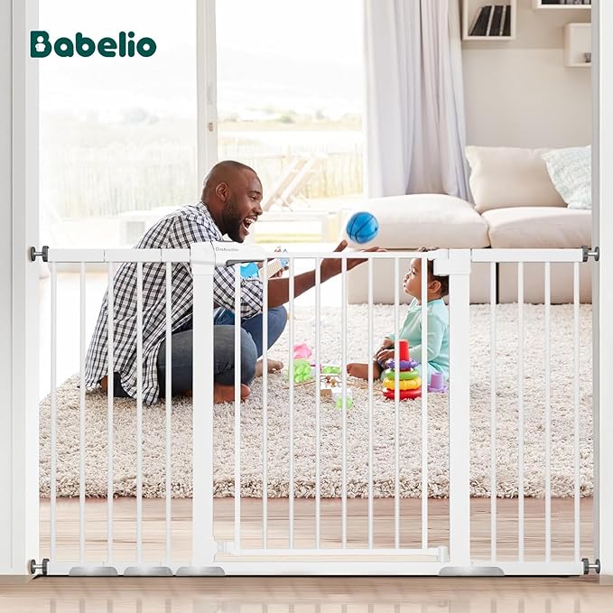 BABELIO 36" Tall Baby Gate, PressGuard P7, 29-55" Auto Close Pressure Mounted Dog Gate for Doorways & Hallway, Basics Easy Walk Thru Pet Gate, Extra Wide Metal Child Gate, White