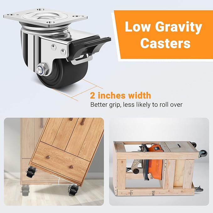 Nefish 2.5 Inch Heavy Duty Stainless Steel Low Gravity Casters, SUS 304 Industrial Grade Stainless Steel Caster Wheels with Brakes, Durable Castors Set of 4 with Nylon Wheels for Industrial, Equipment