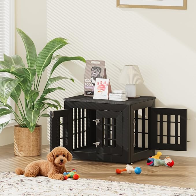 26" Heavy Duty Dog Crate Furniture for Small,Medium and Large Dogs,Rustic Wooden Dog Cage Kennel Indoor Furniture with Waterproof Top,Decorative Pet House Side End Table (Black)