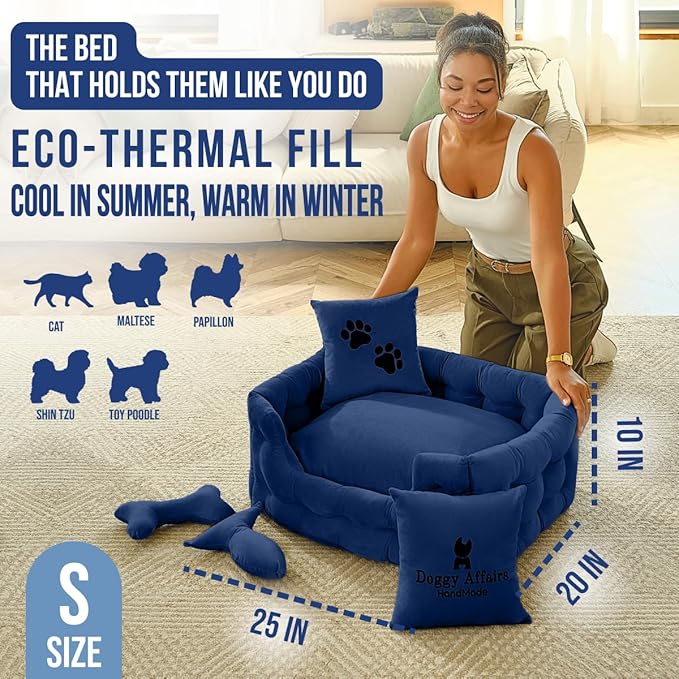 Luxury Cat and Dog Bed Chesterfield – Handcrafted Velvet Throne for Dogs | Joint Support, Calming & Temp-Regulating Comfort | Durable 5+ Years, Anti-Claw, Washable 100+ Times – S, Blue