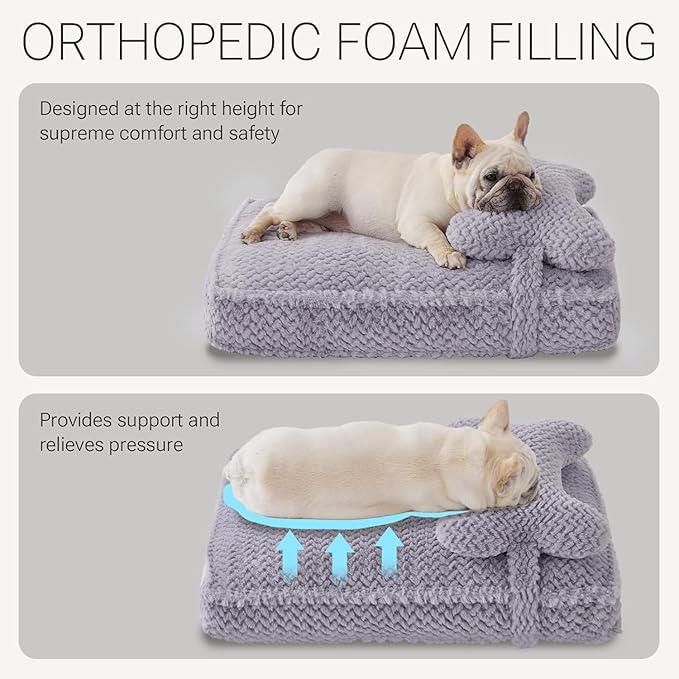 Soft Touch Faux Fur Dog Bed for Medium to Large Sized Dogs 8.5" Extra Thick, Orthopedic Pet Bed with Waterproof Liner and Washable Cover, with Removable Cute Pillow, Grey Color