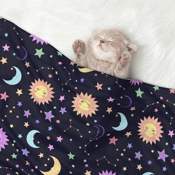 Two Sided Plush Pet Blanket for Warmth Comfort, Trippy Sun Moon Stars, Reversible Throw with Cozy Nubby Side for Chilly Nights Napping Spots Around House